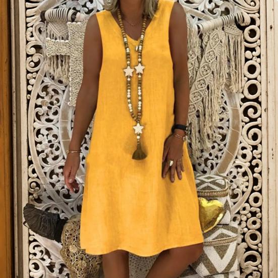 Lady Summer Dress Sleeveless V Neck A-line Solid Color Knee Length Midi Dress Pullover Vest Type Vacation Beach Dress