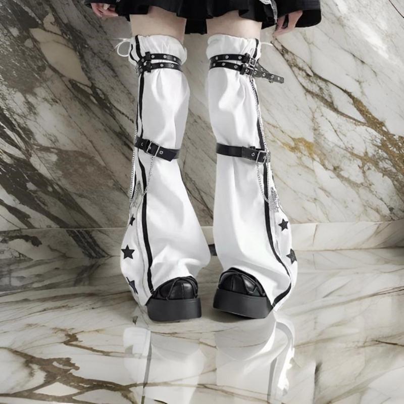 Women Harajuku Star Print Zippered Flared Leg Warmer Aesthetic Fashion Punk PU Harness Strap Leg Cover Thigh High Socks