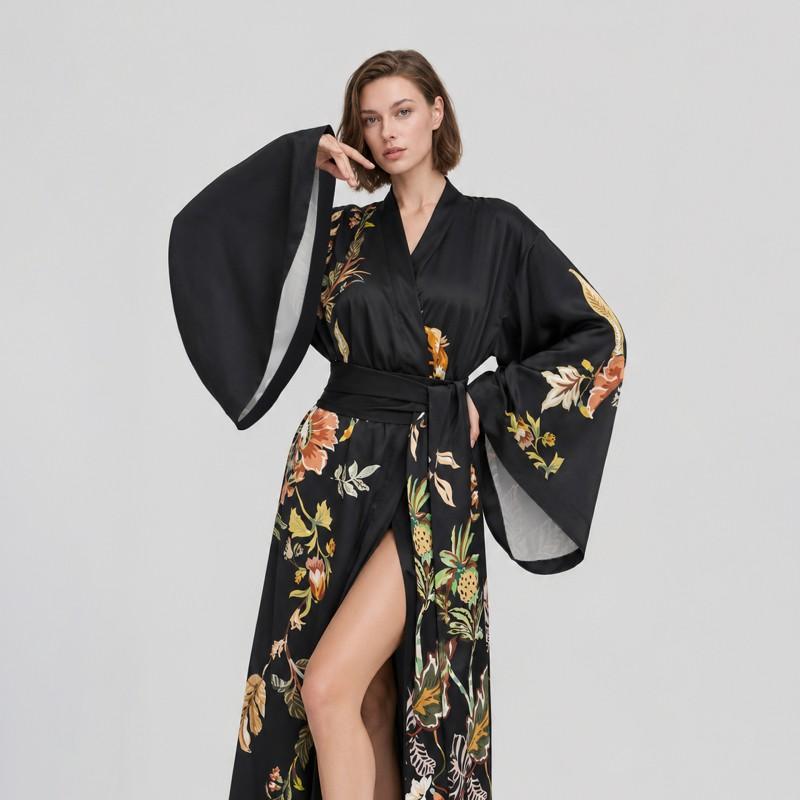 Womens Floral Print Satin Chiffon Robe Lightweight Loose Bathrobe Sleep Loungewear