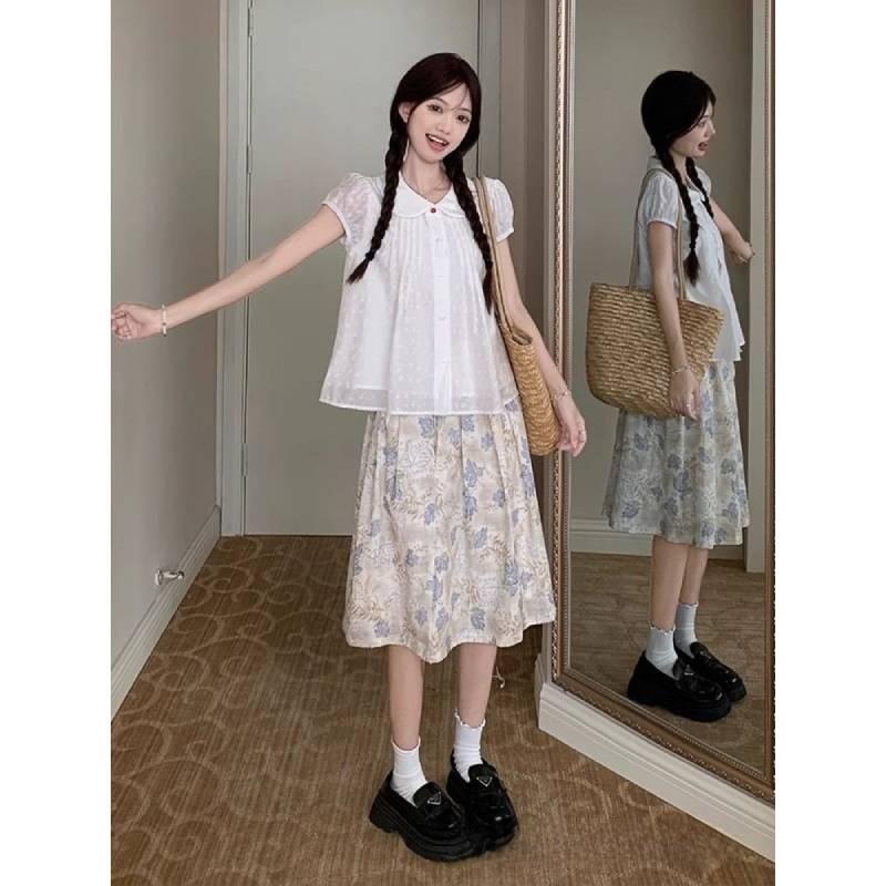 Girls Summer Floral High Waist Midi Skirt With Splicing Print For Casual Wear