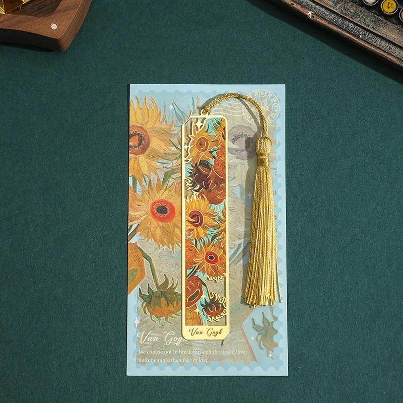Metal Sunflower Hollow Bookmark Chinese Retro Painted Book Holder Tassel Pendant Kid Stationery Book Clip School Office Supplies