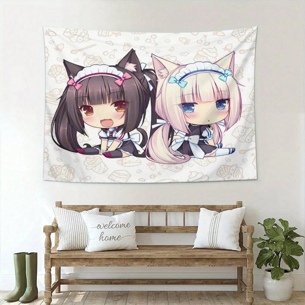 ZLIENSZUS Nekopara Эстетичный настенный подвес Милый дизайн в стиле аниме с кошачьими ушками горничной Полиэстер Горизонтальный стиль Для спальни гостиной