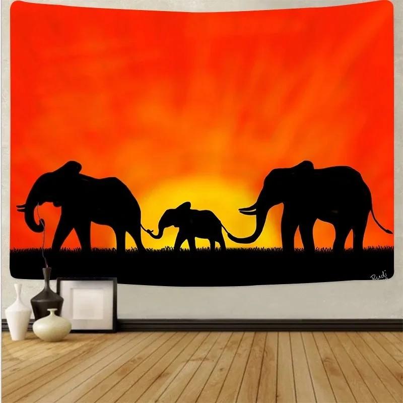 VIKAMA African Animal Silhouette Tapestry High Contrast Sunset Gradient Mural Acacia Tree Elements Living Room BB