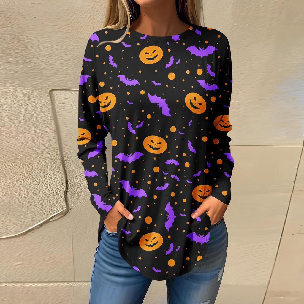 Tee Shirts For Women Fall Casual Long Sleeve Shirts Sweatshirt Halloween Printing Top Pullover