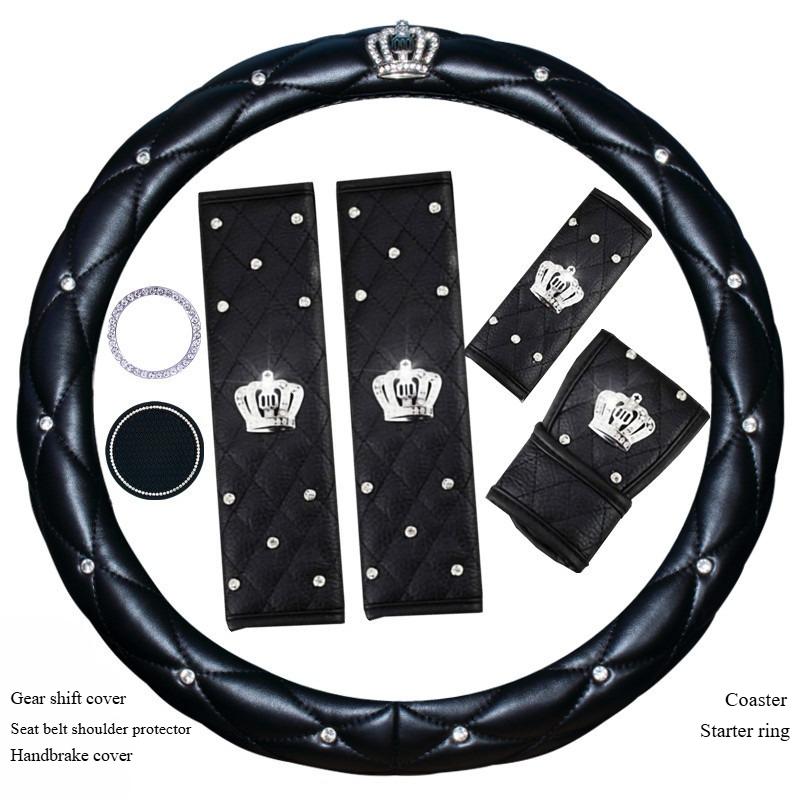 Rhinestone PU Leather Car Interior Decoration Cover Steering Covers Handbrake Gear Shift Lever & Shoulder Protection Cover