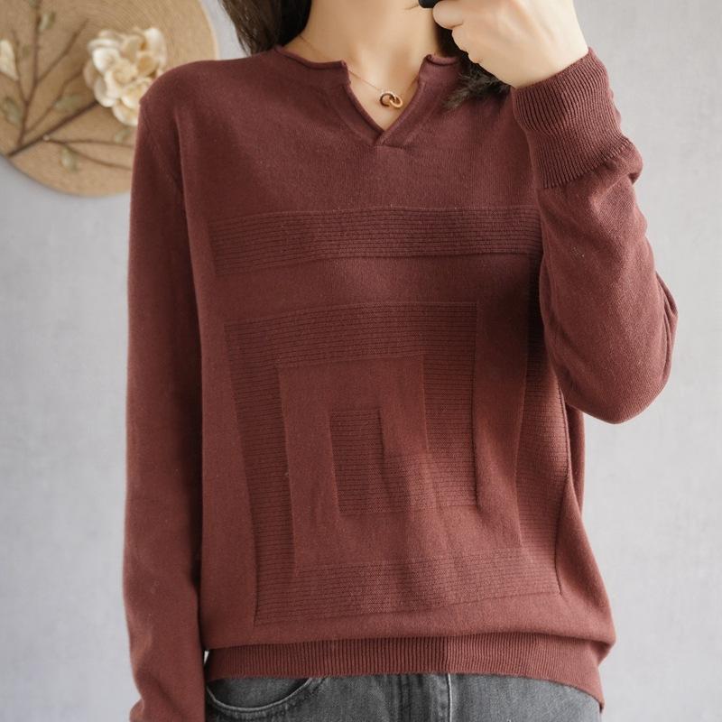 Свитер с V-образным вырезом из хлопковой нити с длинным рукавом для женщин на весну и осень, новый свободный облегающий пуловер, однотонная базовая футболка-топ