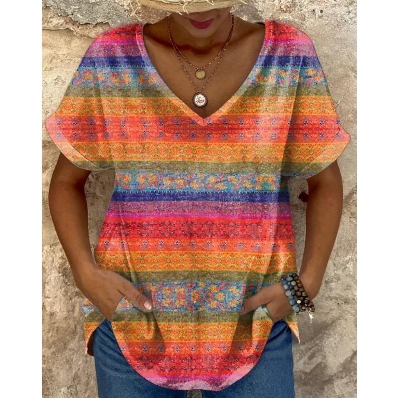 Женская футболка с красочным цветочным узором, летний повседневный топ с V-образным вырезом и короткими рукавами, одежда для женщин большого размера