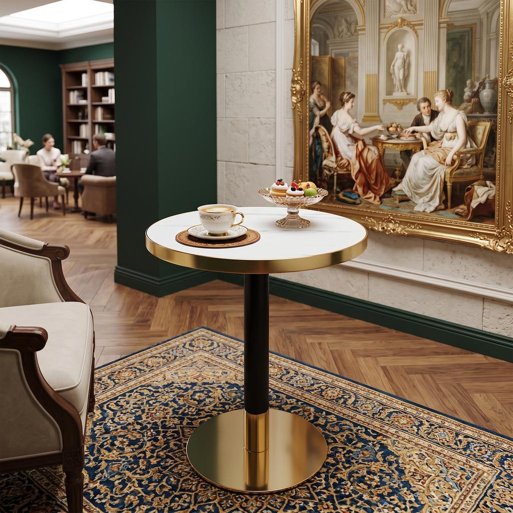Modern Round Side Table, Marble-Look Tabletop with Golden Rim, Sturdy Metal Frame in Black/Gold, Ideal as Coffee Table, Nightstand or Balcony Table