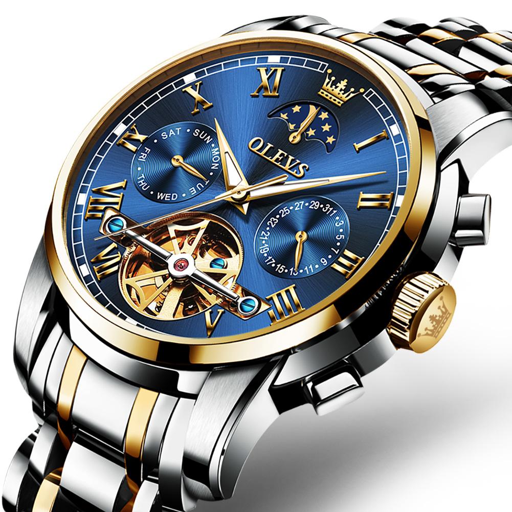 OLEVS Top Brand Tourbillon Luxury Watch Men Automatic Luminous Black Stainless Steel Clock Men Waterproof Mechanical Watch