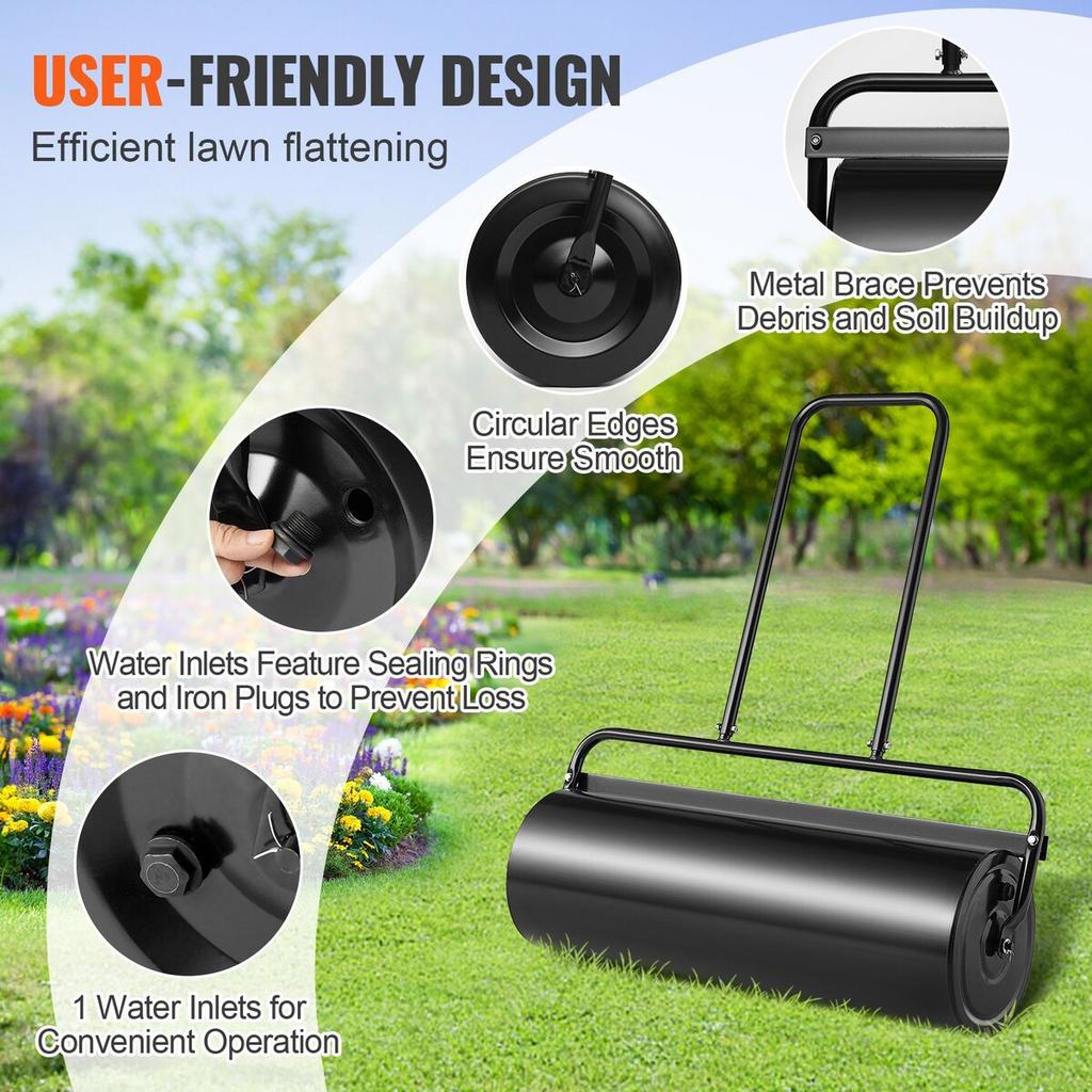 Lawn Roller, 17 Gallon Sand/Water Filled Yard Roller, Steel Sod Roller with Easy-turn Plug and U-Shaped Ergonomic Handle for Convenient Push and Pull,