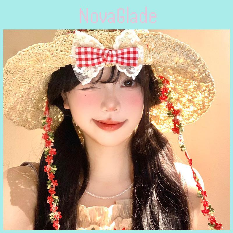 Summer Straw Hat With Bow And Flower Embroidery For Beach And Vacation Sun Protection