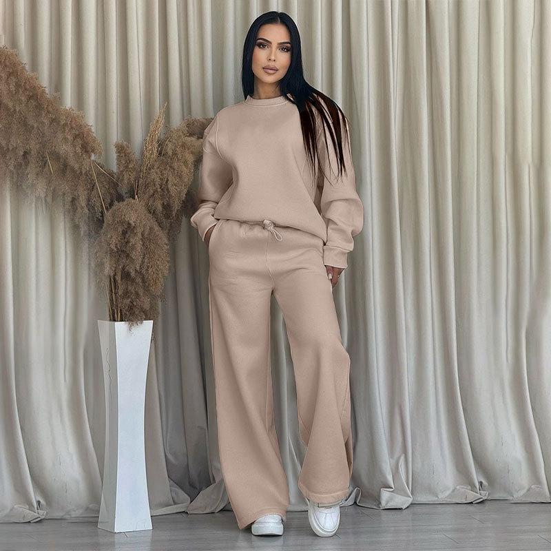 2024 осень и зима новый однотонный круглый вырез длинный рукав свободный женский комплект одежды модный повседневный широкий брюки