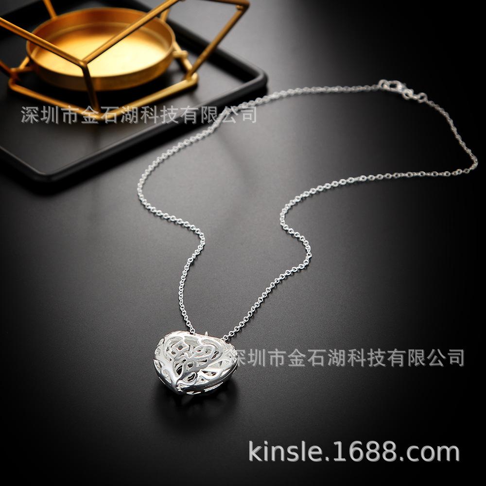 Retro Silver Hollow Heart Pendant Necklace with Thin Chain