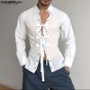 Men Lapel Neck Long Sleeve Front Bow Knot Hollow Casual Shirts