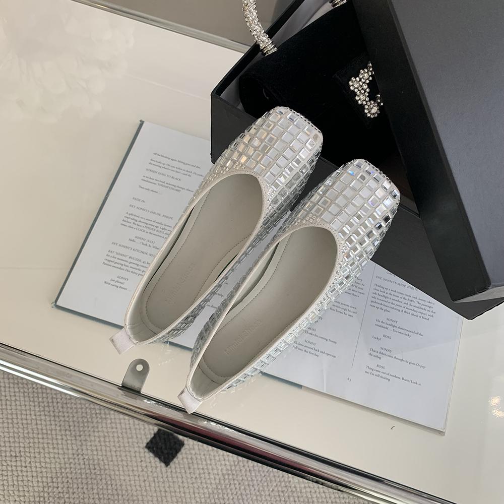 Модные женские туфли-лоферы с круглым носком, цепочкой из кристаллов и страз, 2024, новые поступления, модные черные, серые, розовые, балетки для танцев на открытом воздухе, Janes
