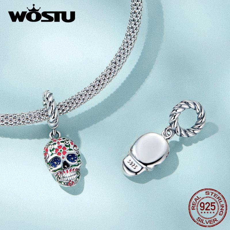 WOSTU Authentic 925 Sterling Silver Colorful Enamel Skull Charms Pendant for Women Fine Jewelry