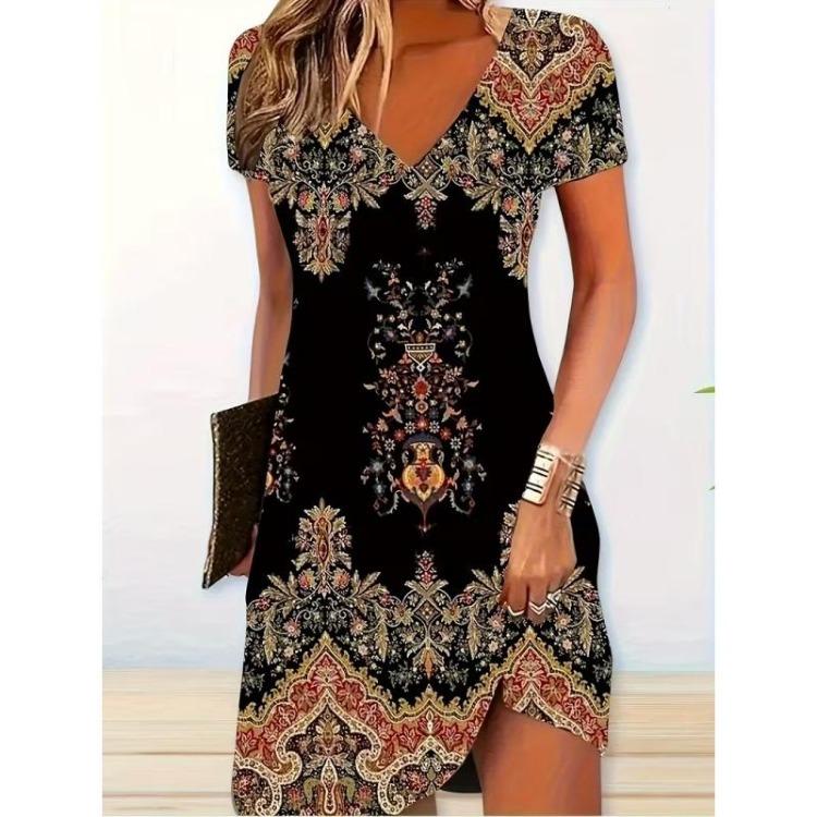Summer Floral Boho Beach Dress for Women Casual Loose A Line Sundress Short Sleeve V Neck Sexy 3D Print Summer Fashion Dress Femme