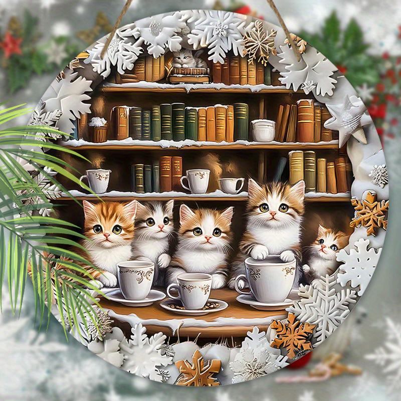 2D Flat Hanging Decorative Signs,interior Wall or Door Decoration,garden Dec,the Pattern Is Bookshelf and Cute Kitten,a Housewarming Gift for Friends
