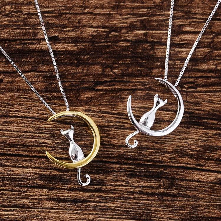 New 925 Sterling Silver Moon Cat Necklaces Pendant Fashion Sterling Silver Jewelry Statement for Women Bijoux