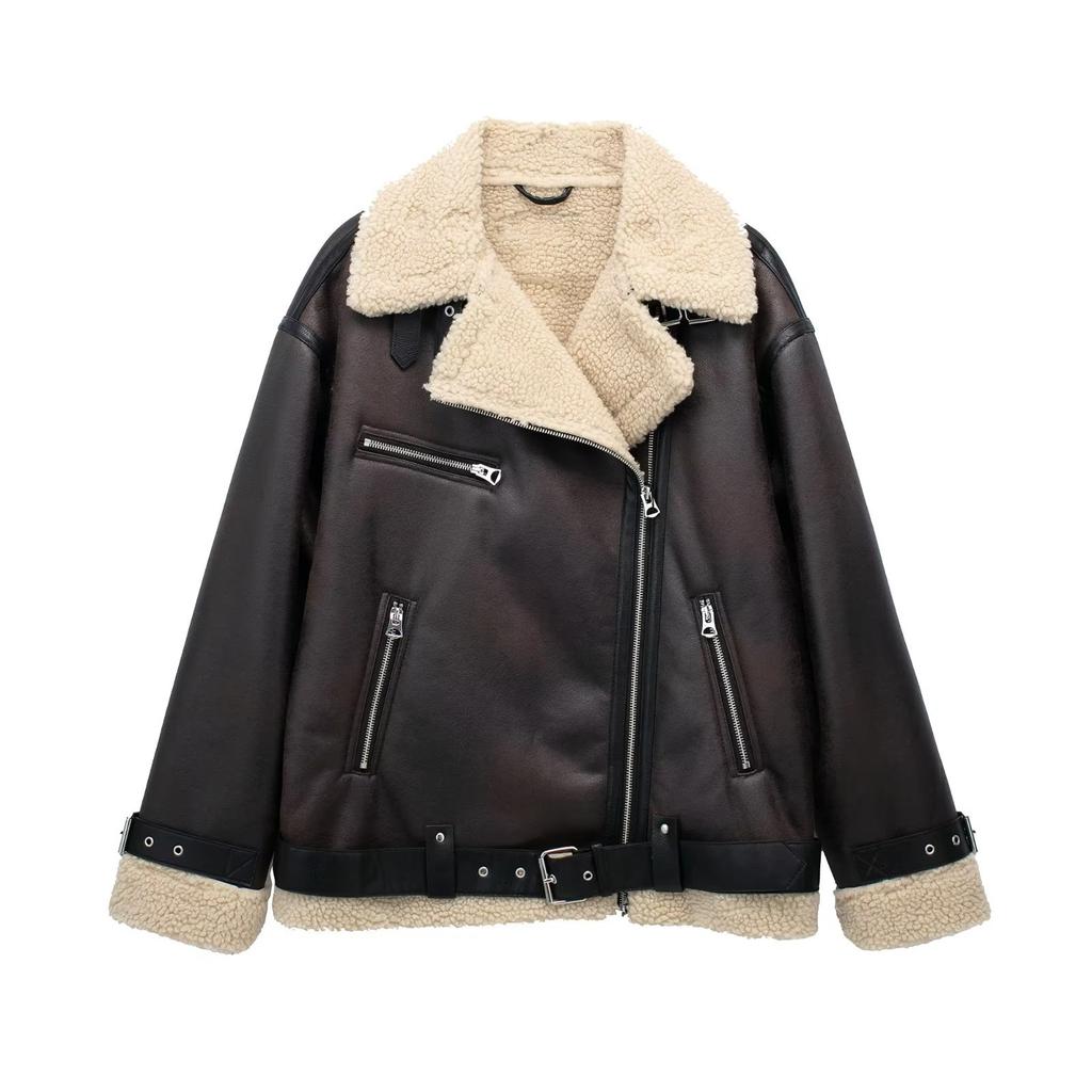 Autumn Winter Women's Faux Leather Double Faced Jacket Lapel Long Sleeves Faux Shearling Lining Thickened Warm Jacket Coat