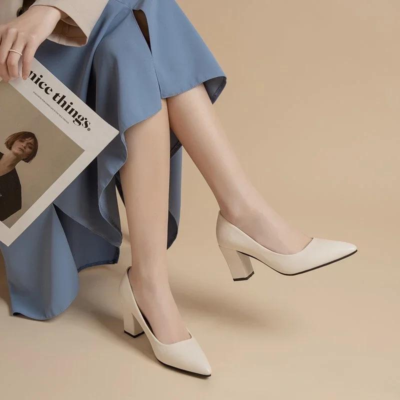 Модные туфли-лодочки из мягкой кожи и ткани на каблуке, туфли с острым носком, женские туфли без шнуровки на квадратном каблуке, женские офисные повседневные рабочие туфли