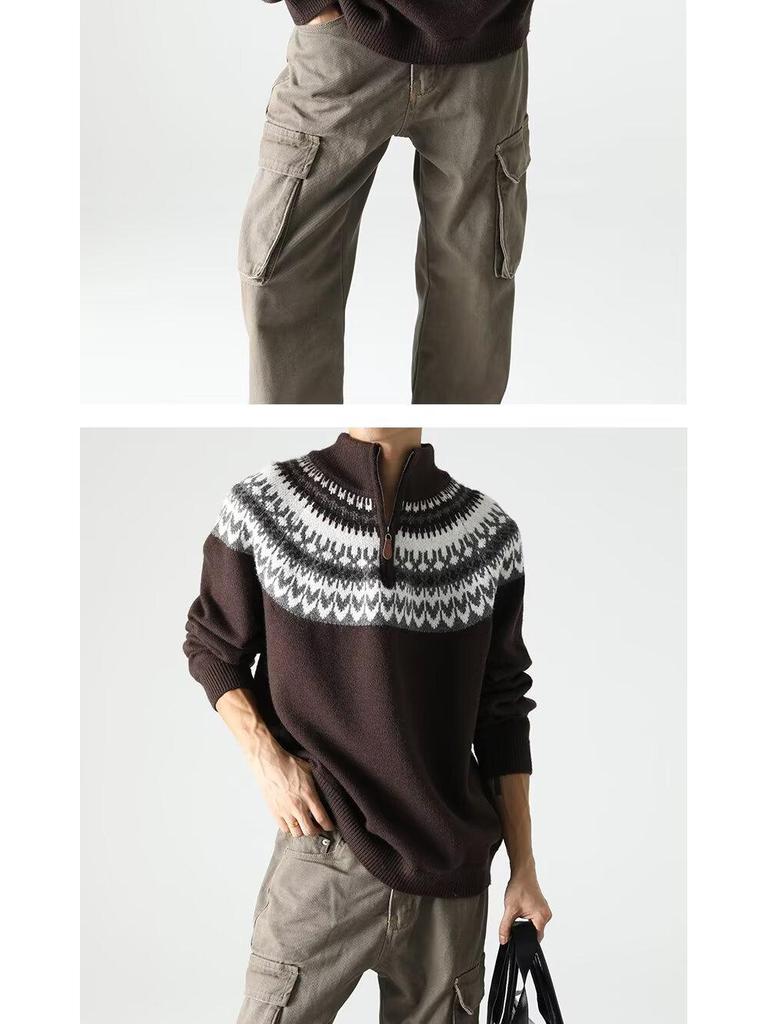 Мужской ретро вязаный свитер с жаккардовым узором и молнией на половину - Осенне-зимний стиль