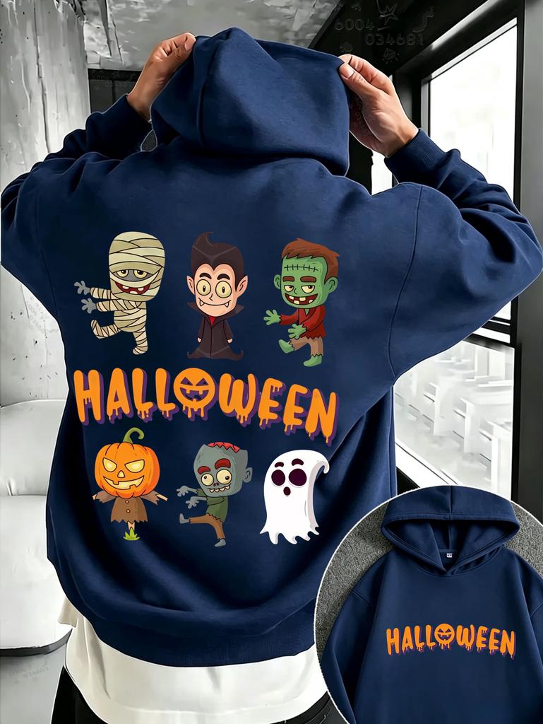 Halloween Women's Street Hoodie with Cartoon Witch, Zombie, Ghost and Pumpkin Double-sided Print, Couple Loose Pullover Sweater