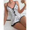 Пижамный комбинезон с принтом, сексуальная кружевная отделка, женская летняя домашняя одежда, ночная рубашка с глубоким V-образным вырезом и открытой спиной, очаровательная пижама с бантом