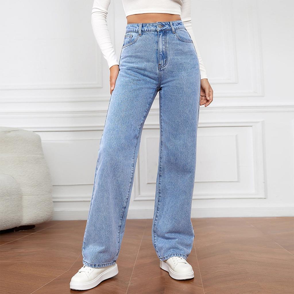 Women's High Waist Washed Women's Jeans Fashionable Versatile Straight Leg Pants