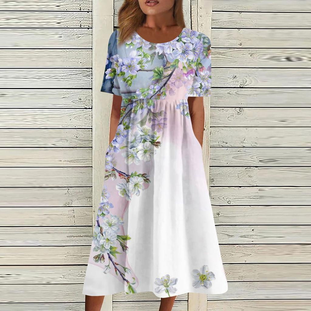 Жен. Повседневные платья Платья с принтами Летние платья С принтами Плиссированные платья-миди с круглым вырезом Классический Классический На открытом воздухе Повседневные С короткими рукавами Свободные платья