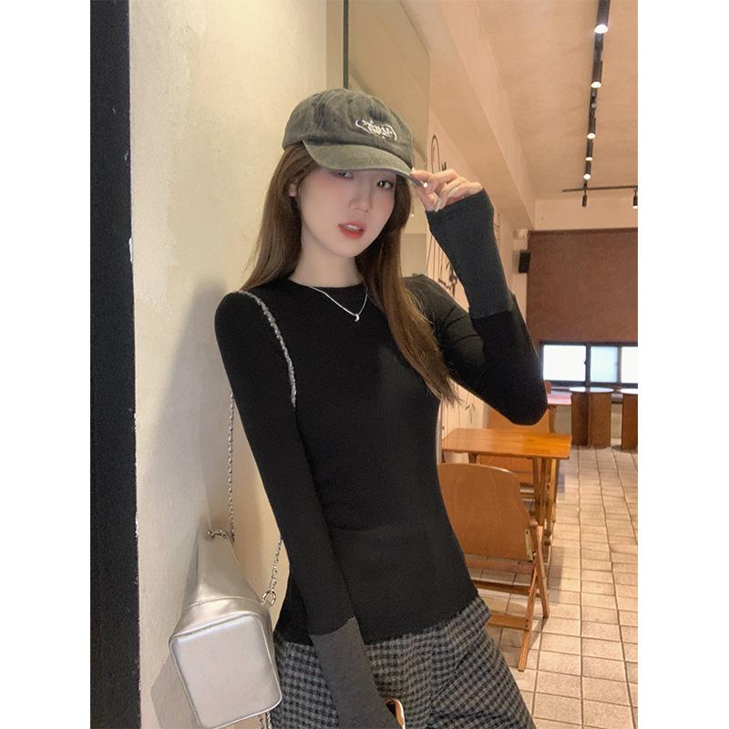 Осенне-зимний дизайн, контрастная цветная вставка, круглый вырез, универсальная кашемировая футболка с длинным рукавом для женщин, для многослойности с миниатюрными топами