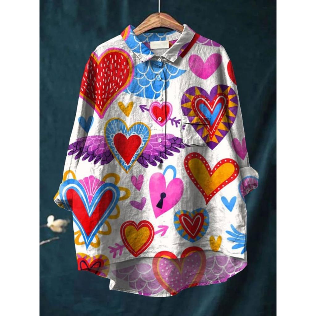 Женская повседневная свободная рубашка на пуговицах с цветочным принтом - Узор 'Косяк рыб'