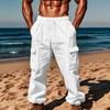 Мужские хлопковые льняные длинные брюки-карго, брюки на шнурке, спортивные повседневные мужские брюки с эластичной резинкой на талии и карманами, свободные тонкие прямые брюки-шаровары