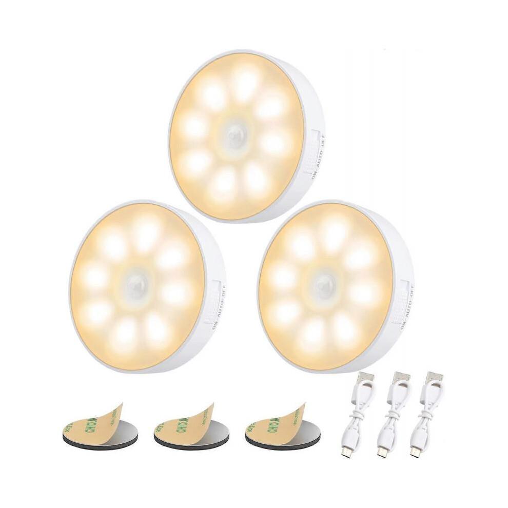 3 Pack Motion Sensor Light, 8 LEDs Rechargeable Night Light, with USB Cable & Magnetic Patch, 3 Modes, Cordless Safe Wall Light for Kitchen, Bookshel
