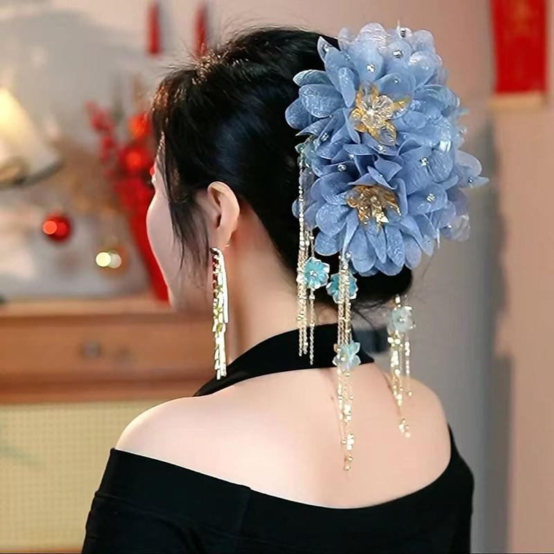 Универсальная заколка для волос с цветком, кисточкой из пайеток, зажим-акула для женщин, девочек, ретро заколка-коготь для волос, элегантные цветочные аксессуары для волос, подарок
