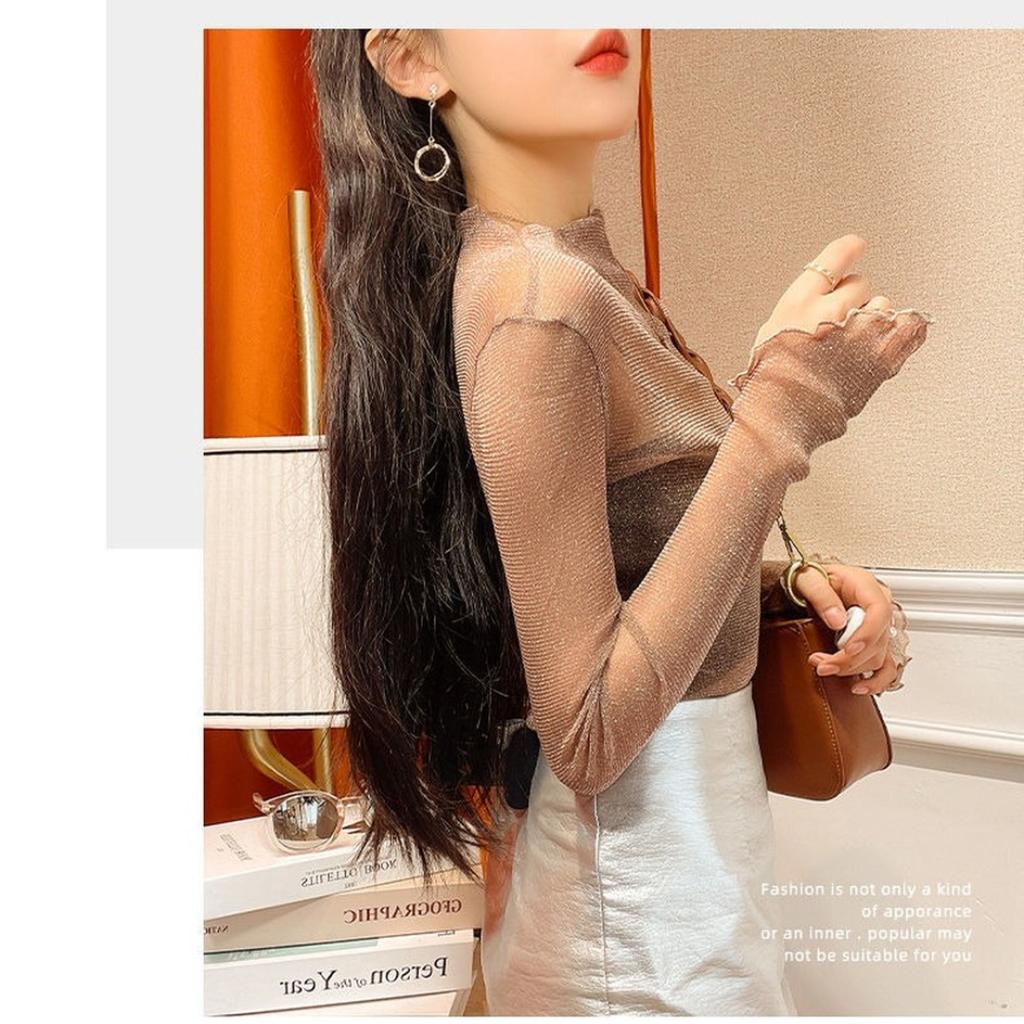 Women T Shirt See Through Transparent Mesh Tops Long Sleeve Sheer Slim Female Turtleneck Bright Silk T-Shirt Lace Crop Top