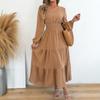 Women Elegant Solid Color Pom Pom Long Sleeve High Waist Ruffled A Line Long Dress