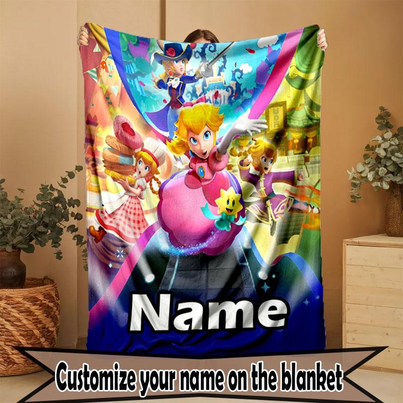 Custom Name Personalized Princess Peach Toadstool Print Blanket, Home Decor, Bedroom, Sofa, Camping, Couch, Gifts for Birthday Christmas