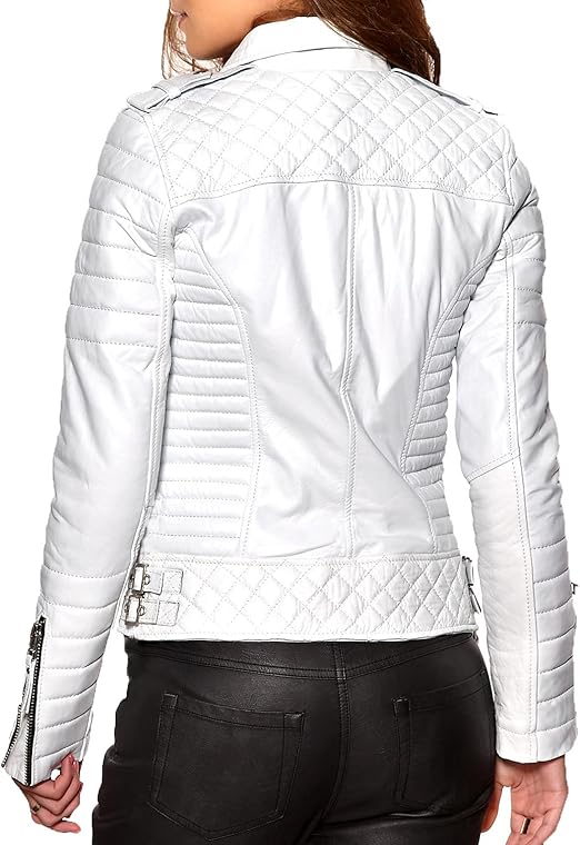 Women's White Lambskin Leather Slim Fit Jackets | Long Sleeve & Zipper Motorcycle Style Leather Jacket