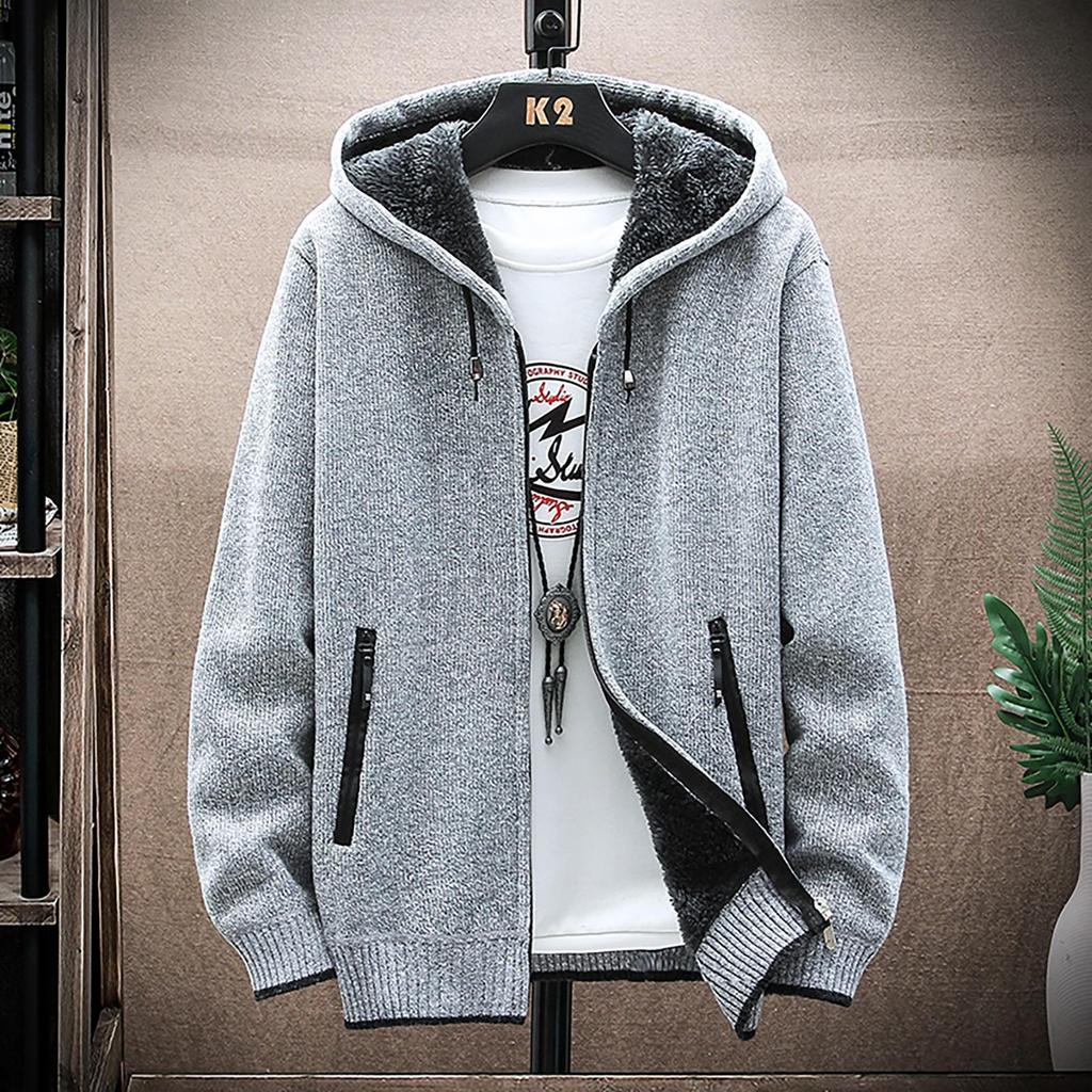 Men's Fall And Winter Casual Sweater Jacket Warm Knit Sweater Hooded Hoodie