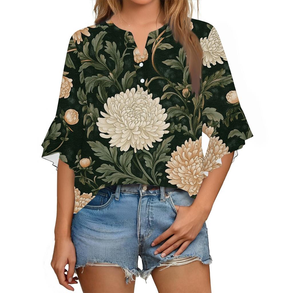 Summer Women's Tops V Neck Three Quarter Sleeve Shirt Vintage Floral Print Tops Casual Shirts