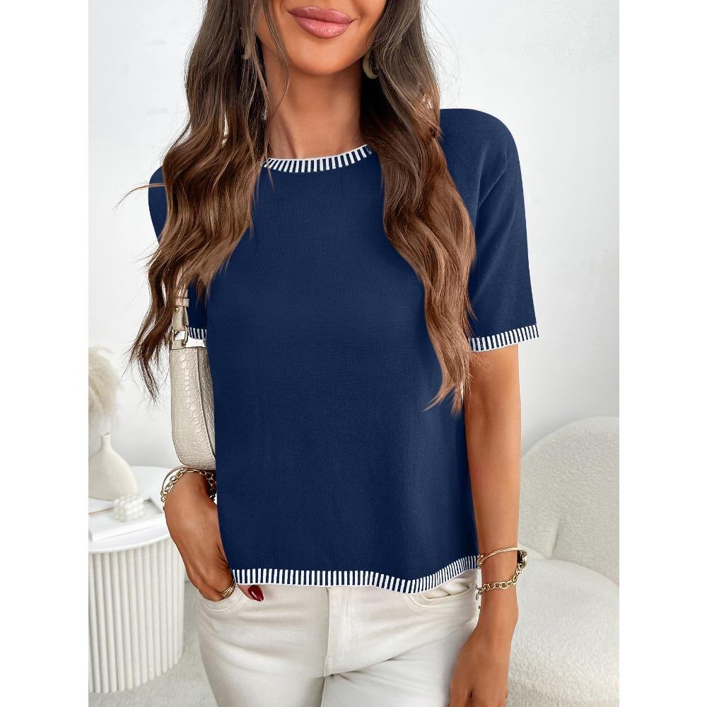 Летний новый женский свитер с круглым вырезом и короткими рукавами, полосатый вязаный свитер