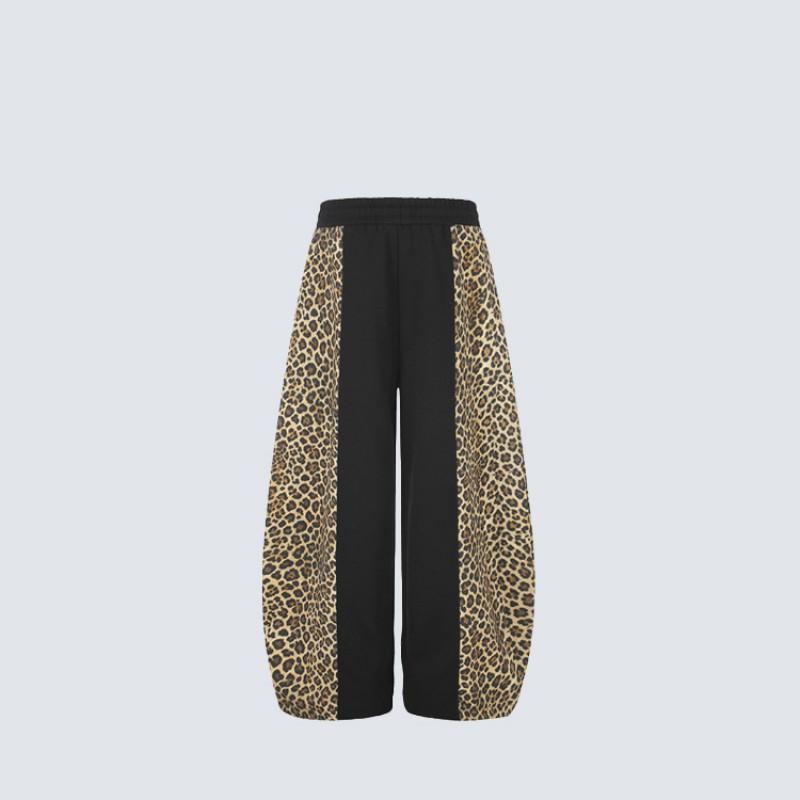American Street Style Leopard Patchwork Wide Leg Sweatpants Unisex Drawstring Casual Joggers