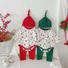 "Korean Baby Christmas Print Outfit: 3-Piece Set with Hat for Boys & Girls"