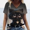 Cute Kitten Women's T-Shirts V-Neck Short Sleeve Harajuku Tshirts Summer Woman Fashions Tops Loose Casual Clothing Kawaii