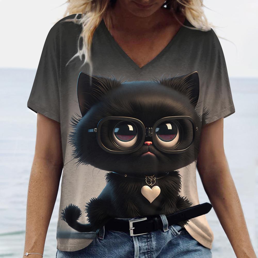 Cute Kitten Women's T-Shirts V-Neck Short Sleeve Harajuku Tshirts Summer Woman Fashions Tops Loose Casual Clothing Kawaii