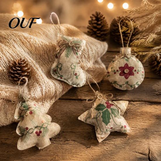 Festive Garland Hanging Supplies Burlap Christmas Ornaments, Rustic Linen Fabric Decoration, Tree Ball Stocking Ornaments for Holiday Star Shaped
