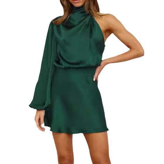 Весеннее женское мини-платье из сатина на одно плечо с длинными рукавами 2024