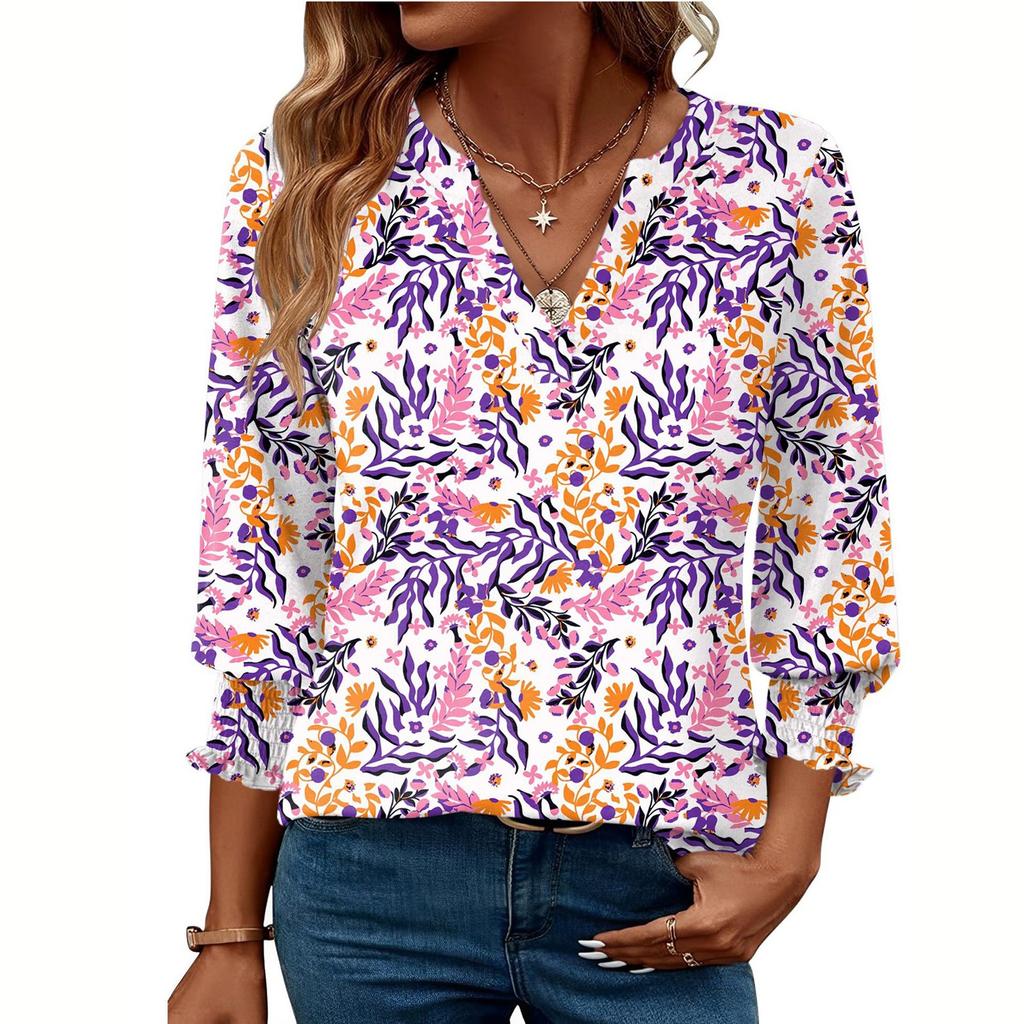 Blouses For Women Dressy Casual 3/4 Length Sleeve Womens Tops O Neck T Shirts With Smocked Cuffs