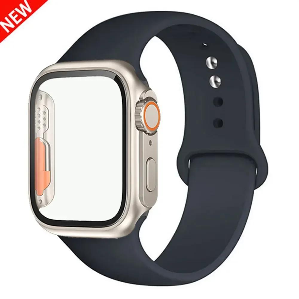 Силиконовый ремешок+Чехол для Apple Watch Band 44 мм 45 мм 41 мм 40 мм Закаленное стекло Cover Изменить на Ultra iWatch Series 9 8 7 SE 6 5 3
